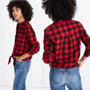 Madewell Tie Front Red Black Plaid Shirt Flannel Size XS Buffalo Check Cranberry